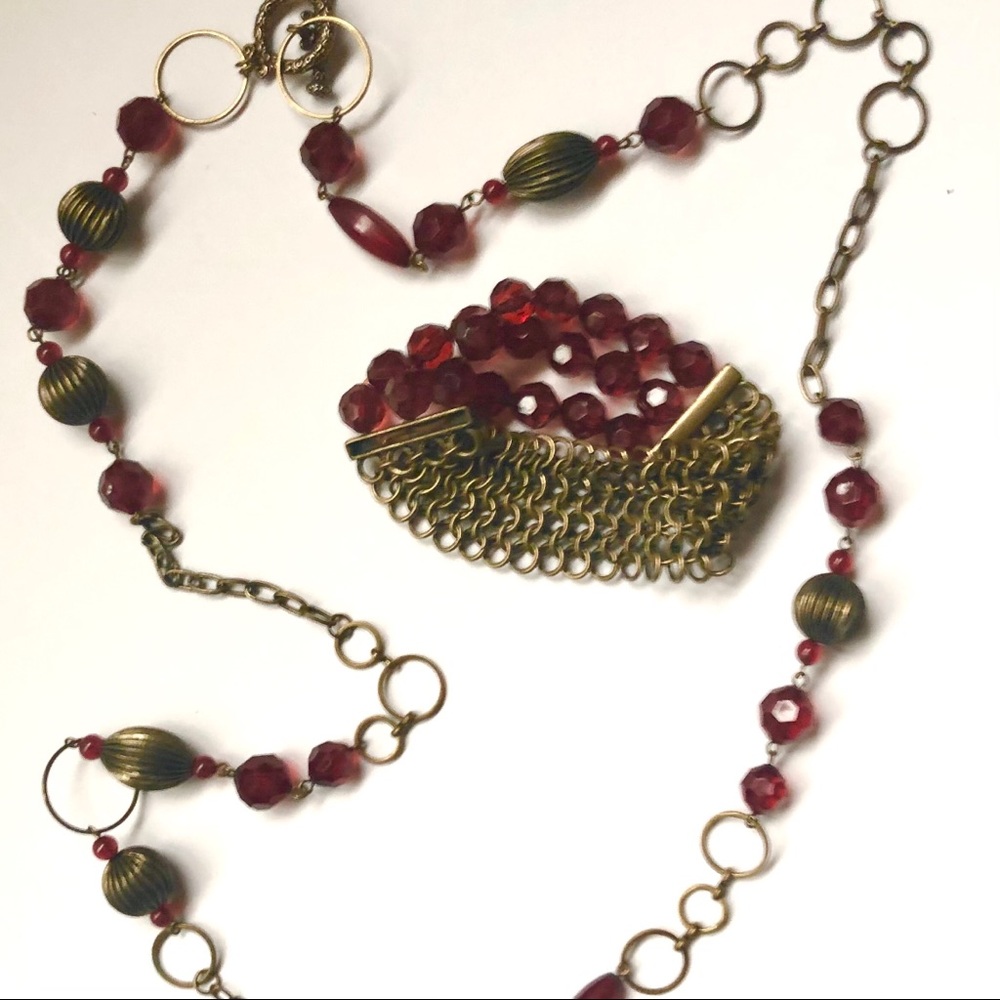 Antique gold/dark red SET station chain & bracelet